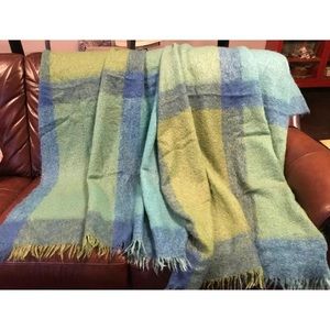 Two Irish Mohair wool blue green blankets
